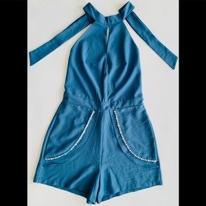 jumpsuit shorts, blue, polyester, Pearl “S” pocket